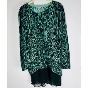 LOGO Lori Goldstein Cotton Cashmere Green Black‎ Leopard Print Tunic Top M